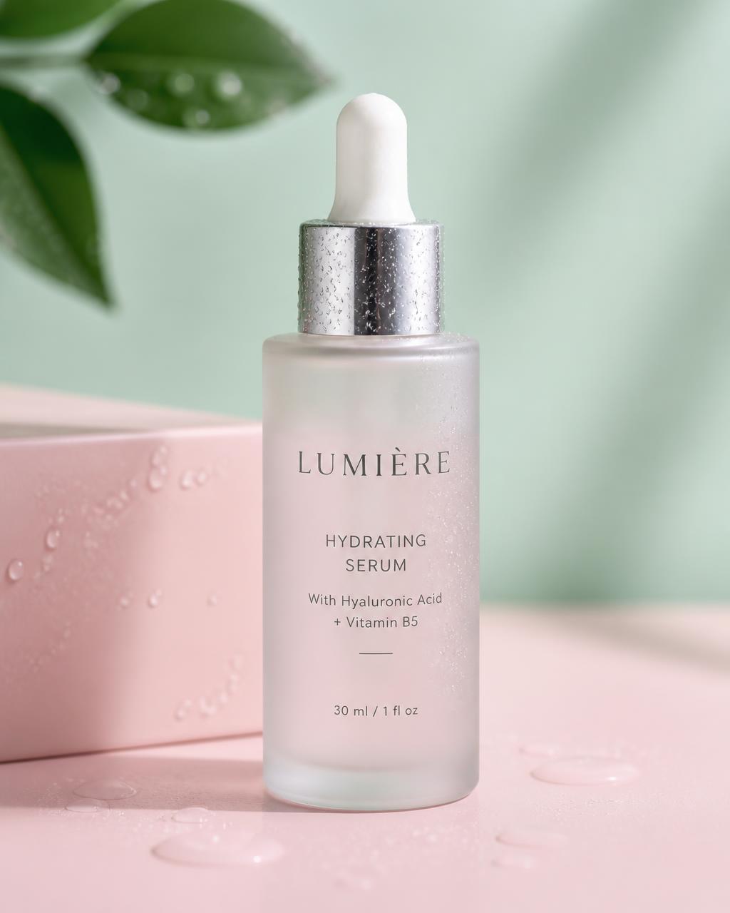 Glowskin Hyaluronic Veil serum bottle on a pastel background